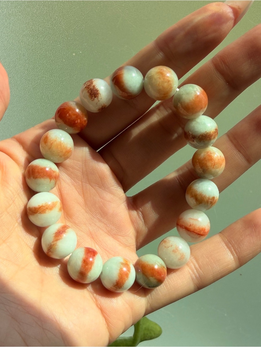 Sajin Jadeite Jade Green and Yellow Orange Beaded Stretch Bracelet l